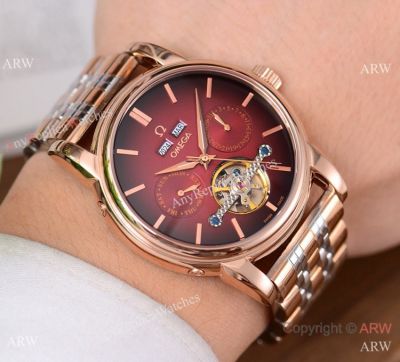 Copy Omega Grand Complications Watches Rose Gold Red Dial